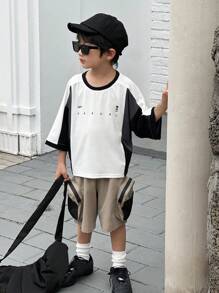 DAZY 2 pièces/Set T-shirt à manches courtes à col rond et short pour tout-petits garçons, imprimé graphique, été - Kaki - Voir 4