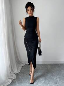 Elenzga 女士优雅腰部修身无袖长开衩连衣裙，夏季 - 黑色 - 查看 5