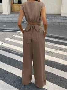 Serisse 2pcs Women Summer Casual Solid Color Cropped Top And Full Length Pants Set Winter Brown Spring - Coffee Brown - View 4