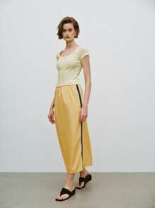 SHEIN LUNE Falda de cintura alta con decoración lateral de empalme, de verano - Amarillo - Ver 1