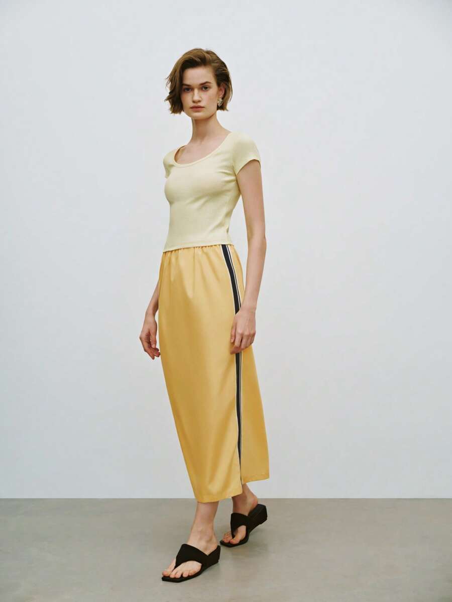 SHEIN LUNE Falda de cintura alta con decoración lateral de empalme, de verano - Amarillo - Ver 1