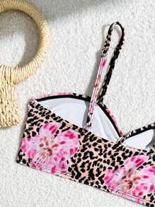 Teen Girl Leopard Floral Print Twist Bikini Swimsuit Set With Beach Skirt - Multicolor - View 5