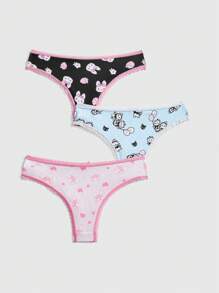 ROMWE Kawaii Set de 3 pantis con encaje y estampado de gatitos y conejos lindos para mujeres