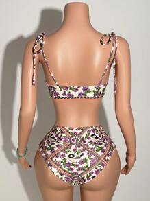 Slaydiva 2 件套 2025 春夏新款邮轮旅行海滩度假阳光花朵印花系带肩比基尼上衣 + 高腰泳衣 - A - 彩色 - 查看 9