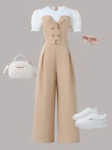 Sparklyn 少女时尚通勤撞色拼接泡泡袖直筒裤连体裤