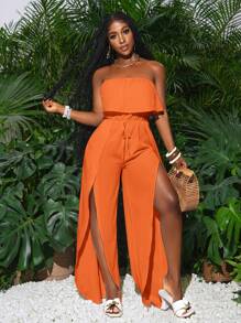 Slaydiva 女式新款时尚休闲度假白色露肩高开衩连体裤 - B - 橘色 - 查看 4