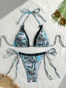 Swim Vcay Femmes ensemble de bikini avec Top triangle à col ras-du-cou en dentelle patchwork imprimé léopard et bas avec cordon sur le côté - Multicolore - Voir 6