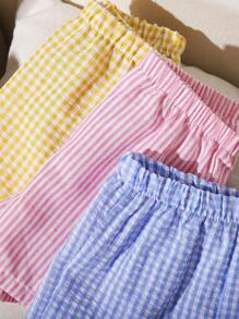 SHEIN 3件套女婴可爱格子松紧腰休闲短裤，夏季 - 彩色 - 查看 6