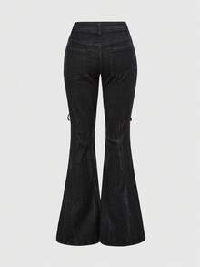 ROMWE Gothic Dark Style Halloween Palace Castle Flocking Patchwork Eyelet Super Low Waist Flare Leg Jeans - Black - View 3