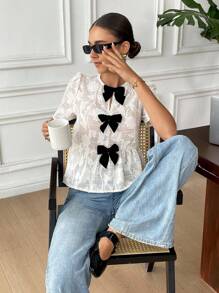 Serisse Camisa de manga corta con lazo y diseño de color contrastante para mujeres