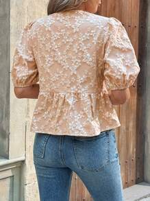 SHEIN Clasi Women's Front Tie Puff Sleeve Embroidered Elegant Vacation Shirt - Khaki - View 2