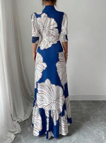 Elenzga 女士优雅花卉 A 字形连衣裙，翻领、收腰、泡泡袖、修身廓形，适合夏季穿着 - 彩色 - 查看 2