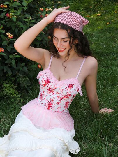 SHEIN 1pc Non-Wire Lace Patchwork Print Sexy Wireless Bra For Women UnderwearOuter