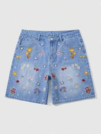 Street Life Pantaloncini di jeans casual da uomo con ricami floreali a ditsy e lavaggio effetto delavé