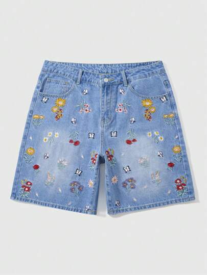 Street Life شورتات جينز للرجال بطبعات زهرية مطرزة، مستهلكة وعادية