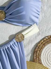 Swim Vcay Bộ 2 chiếc/Bộ Bikini tam giác cạp cao họa tiết vá màu trơn dành cho nữ, đồ bơi tối giản hàng ngày - Màu xanh nhạt - Xem 3