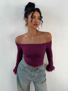 Aloruh Women's Autumn Solid Color Long Sleeve Off Shoulder Ruched Fitted Fashion T-Shirt - Purple - View 3