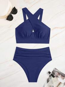 Swim Vcay 2pcs/Set Plain Cross Front Hollow Ruffle Trim Sexy Fashion Swimsuit Set For Summer Beach Vacation - Navy Blue - View 5