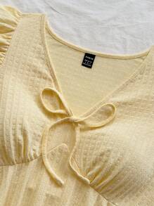 Soleia Women's Vacation Yellow Knitted Textured V-Neck Bowknot Blouse, Casual Wear For Dates, Afternoon Tea, Beach, Cruise, Road Trips, Music Festivals - Yellow - View 8