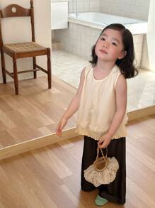 DAZY Set de vară pentru fete tinere, stil coreean, fără mâneci, cu guler rotund, drăguț, cu volane, cămașă și pantaloni largi - Galben - Vizualizare 6