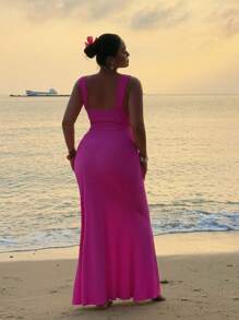 Sunnyshic 大码女式纯色面料方领无袖胸前海星金属饰边镂空腰部中长连衣裙，夏季连衣裙，节日，派对，日常 - 玫紅色 - 查看 3