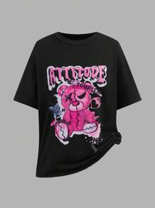 SHEIN Explorewe 6 件套青少年女孩休闲街头风格熊和赛车图案 T 恤 + 短裤 2 件套服装 - 彩色 - 查看 9