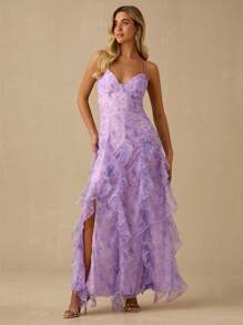 Enchnt Váy maxi organza hở lưng, cổ yếm, viền bèo nhún, dây mảnh màu tím lãng mạn mùa xuân/hè dành cho nữ, ngọt ngào và thanh lịch cho kỳ nghỉ, ngày lễ, tiệc tùng, tốt nghiệp và khách dự tiệc cưới, bãi biển, váy dạ hội, váy mùa hè cho nữ, váy chống nắng cho nữ, quần áo mùa hè, váy thanh lịch cho tiệc tùng - Màu tím hoa cà - Xem 3