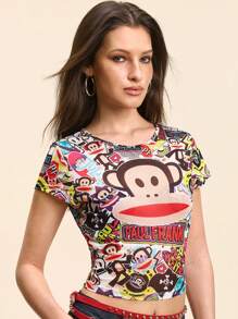 Paul Frank X SHEIN 女式猴子印花修身圆领短袖上衣，夏季 - 彩色 - 查看 6