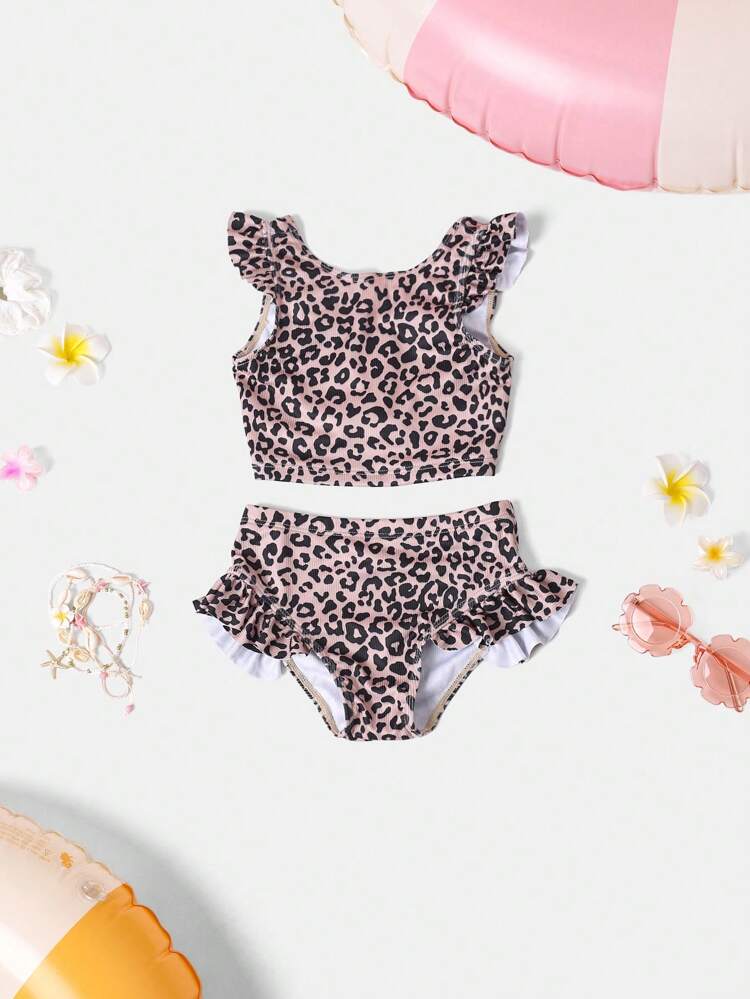 Girls Two Piece Ruffle Trim Leopard Pattern Bikini Set
