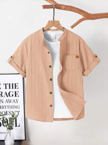 SHEIN Tween Boy Textured Stand Collar Short Sleeve Shirt, Teen Boy Summer Shirt - Apricot - View 1