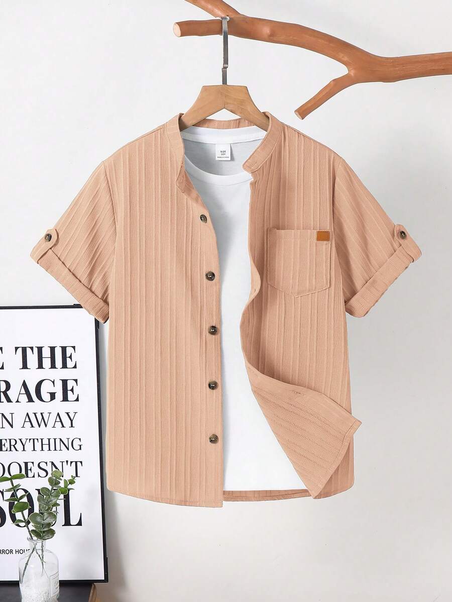 SHEIN Tween Boy Textured Stand Collar Short Sleeve Shirt, Teen Boy Summer Shirt - Apricot - View 1
