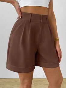 SHEIN Clasi 女士休闲纯色高腰阔腿短裤，夏季 - 棕色 - 查看 5