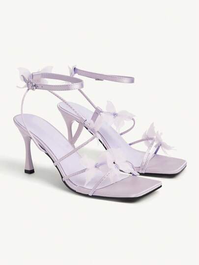 CUCCOO CHICEST Sandalias de tacón alto de satén púrpura con decoración de mariposa de rhinestone para mujer, zapatos de vestir con punta abierta y correa de tobillo para citas elegantes y románticas, fiestas, vacaciones