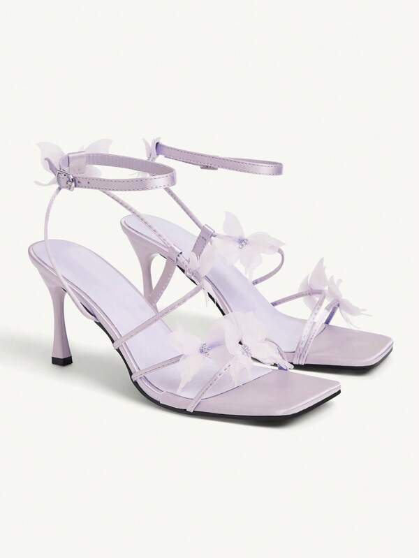 CUCCOO CHICEST Sandalias de tacón alto de satén púrpura con decoración de mariposa de rhinestone para mujer, zapatos de vestir con punta abierta y correa de tobillo para citas elegantes y románticas, fiestas, vacaciones