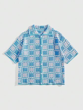 Street Life Men's Loose Drop Shoulder Hollow Out Knitted Shirt, Vacation Shirt