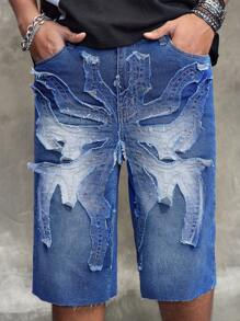 ROMWE MEN Street Life Men's Casual Washed Patch Embroidery Denim Shorts - Blue - View 10