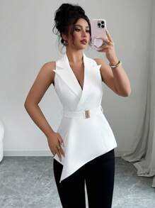 Elenzga Women's Fashionable Asymmetric Hem Sleeveless Thin Suit Jacket, Summer - White - View 7