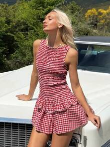 SHEIN EZwear Holiday Outfits Summer Island Vacation Outfits Women's Regular Cute Holiday Red & White Plaid Sleeveless Mini Dress Women Short Dresses Summer - Red - View 5