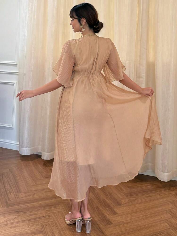 Women Elegant Chiffon Color Block Ruffle Collar Long Sleeve Dress Maxi Dress