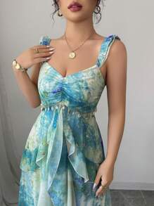 Elenzga 女式优雅飘袖心形领口收腰荷叶边分层不对称下摆 A 字形扎染水彩花卉印花长款连衣裙，休闲夏季 - 彩色 - 查看 2