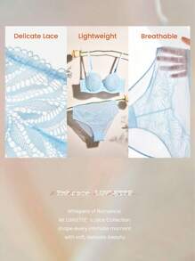 LUVLETTE Plus Women 2pcs Blue Sexy Lingerie Set Full Coverage Unlined Lace Elegance & Mesh Minimizer Bra Lace Bra Panty Matching Sets