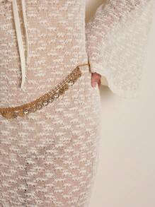 Nöista Elegant Lace Maxi Dress With Long Sleeves,Belt,Cream White,Autumn,Boho,Vacation,Holiday For Graduations,Evening Celebrations,Delicate Detailing - White - View 3