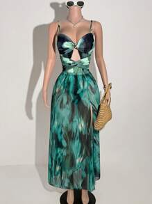 Slaydiva Costume da bagno intero con stampa tropicale e gonna con nodo sulla parte anteriore