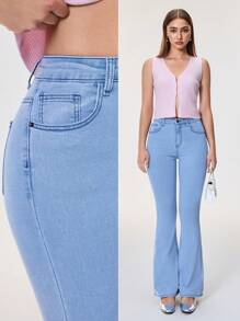 SHEIN BAE Casual Faded Slim Flare Jeans For Summer ,Butt Lifting Jeans Women - Light Wash - View 1