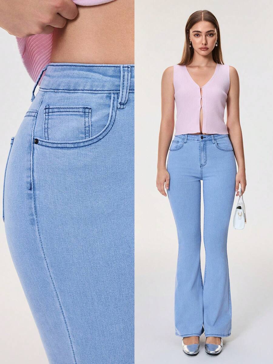 SHEIN BAE Casual Faded Slim Flare Jeans For Summer ,Butt Lifting Jeans Women - Light Wash - View 1