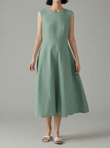 EMERY ROSE 女士纯色简约圆领短袖连衣裙 - 綠色 - 查看 6