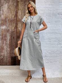 EMERY ROSE Women's Long Striped Dress With Short Sleeves, Fashionable And Suitable For Summer,Dresses For Women Summer