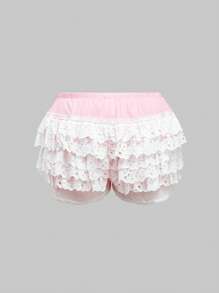 ROMWE Fairycore 加大码撞色层叠蝴蝶结装饰弹力腰优雅短裤，适合夏季和情人节穿着 - 粉色 - 查看 2