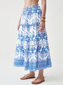 Florisole Gonna midi casual con stampa floreale boho, orlo a campana e patchwork - Blu - Visualizzare 7