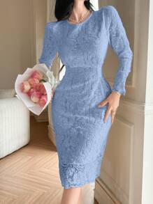 DAZY Vestido elegante y sofisticado con inserto de encaje en línea A para mujeres, ropa de otoño, ropa de vuelta al colegio, vestido de manga larga